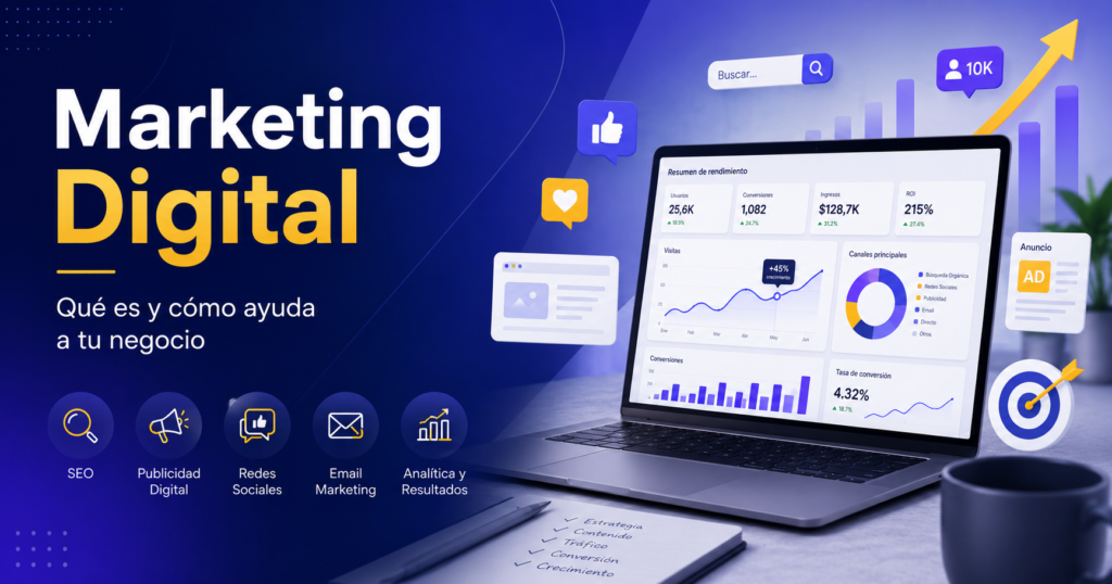 Marketing digital para negocios con estrategias de SEO, publicidad, redes sociales, email marketing y análisis de resultados.
