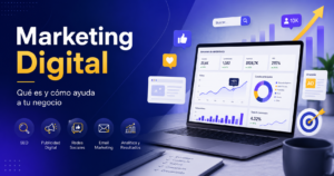 Marketing digital para negocios con estrategias de SEO, publicidad, redes sociales, email marketing y análisis de resultados.